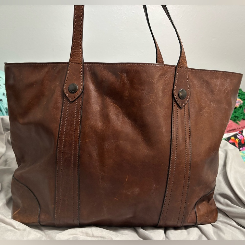 Frye Rich Brown Leather Melissa Traveler Weekend Tote with luggage handle sleeve